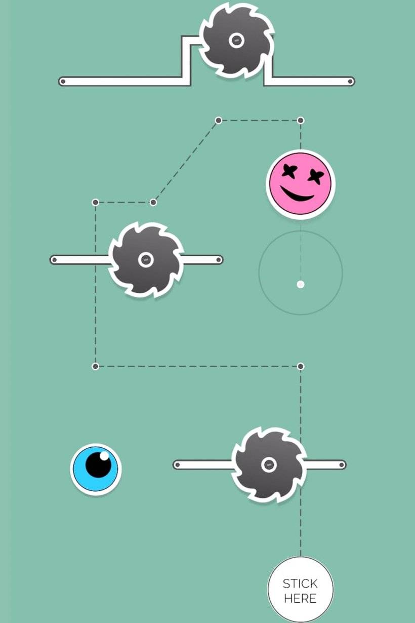 Sticker Ride Скриншот, показывающий зелёный фон с пунктирной линией, извивающейся между циркулярными пилами и другими ловушками, вдоль которой должен двигаться ваш стикер