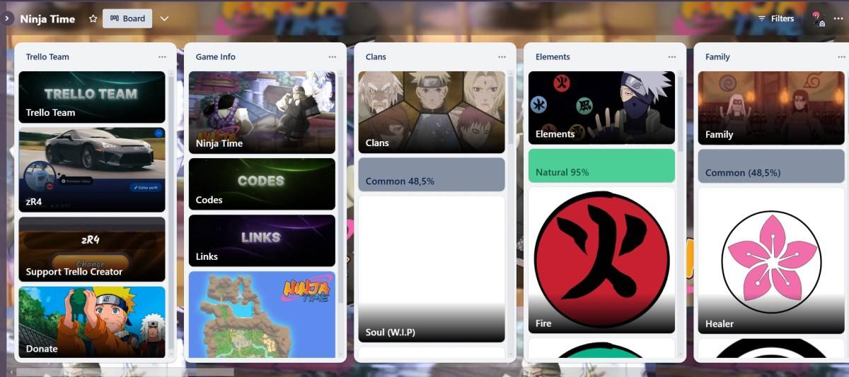 Visualização do Ninja Time Trello Board
