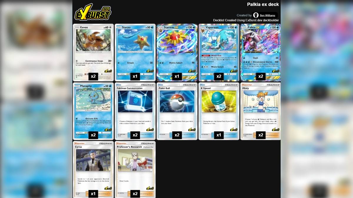 Isang buong listahan ng mga kard sa pinakamahusay na Palkia ex deck para sa Pokemon TCG Pocket