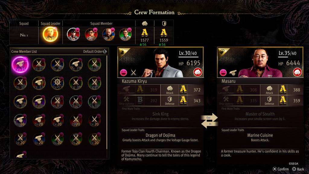 Экран статистики формирования экипажа для Масару, как дракон: пиратский якудза на Гавайях