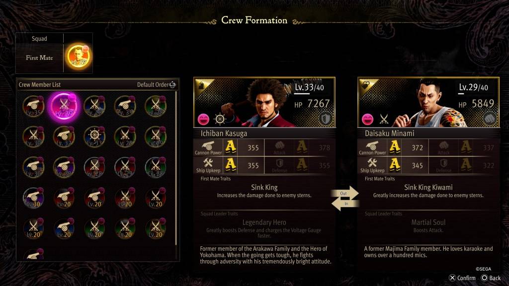 Экран статистики формирования экипажа для Минами, как дракон: пиратский якудза на Гавайях