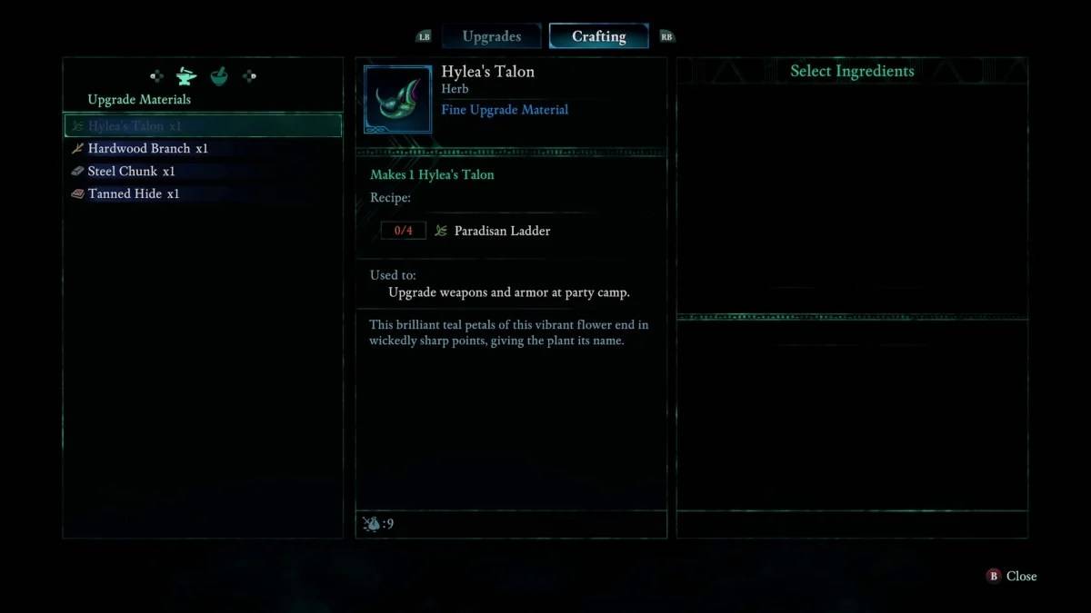 Paradisan Ladder에서 Hylea의 Talon을 제작하는 게임 플레이