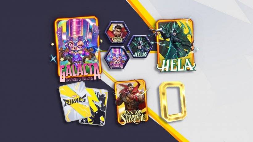 Zdjęcie kart ozdobionych popularnymi bohaterami Marvela, jak pokazano w Marvel Rivals