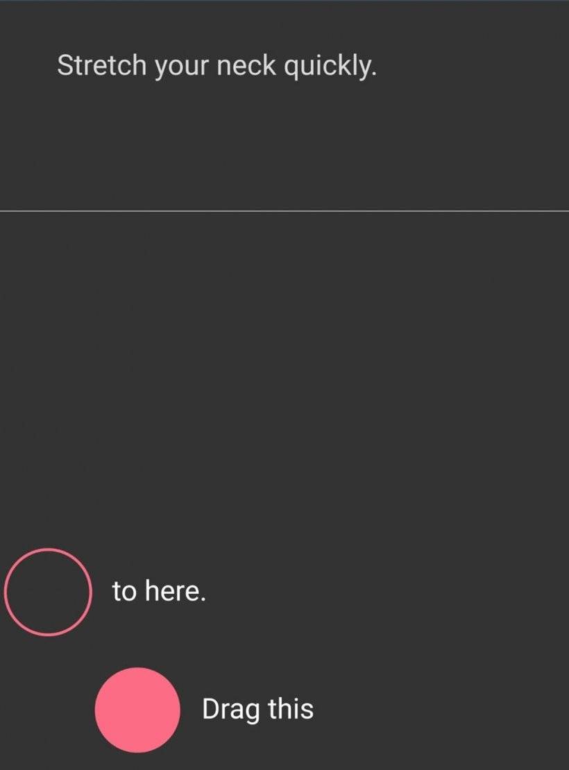 Серый игровой экран с подсказкой вверху, чтобы быстро растянуть шею, в то время как розовый мяч говорит, чтобы перетаскивать его в небольшой вырез