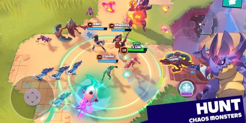 Mo.co-Gameplay-Screenshots mit bunten Jägern im Kampf gegen Monster