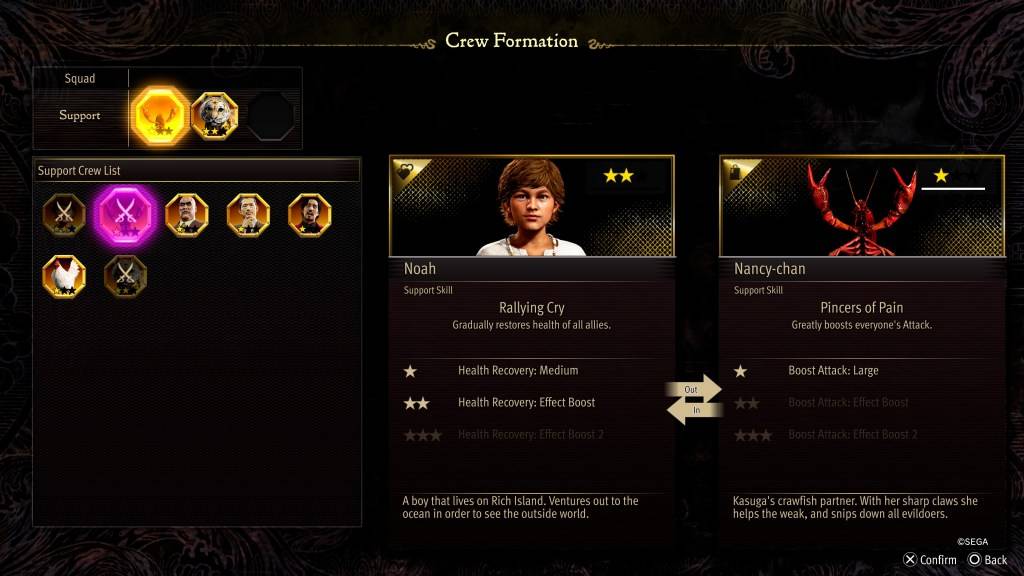 Экран статистики формирования экипажа для Нэнси-чан в «Как дракон: пират Якудза» на Гавайях
