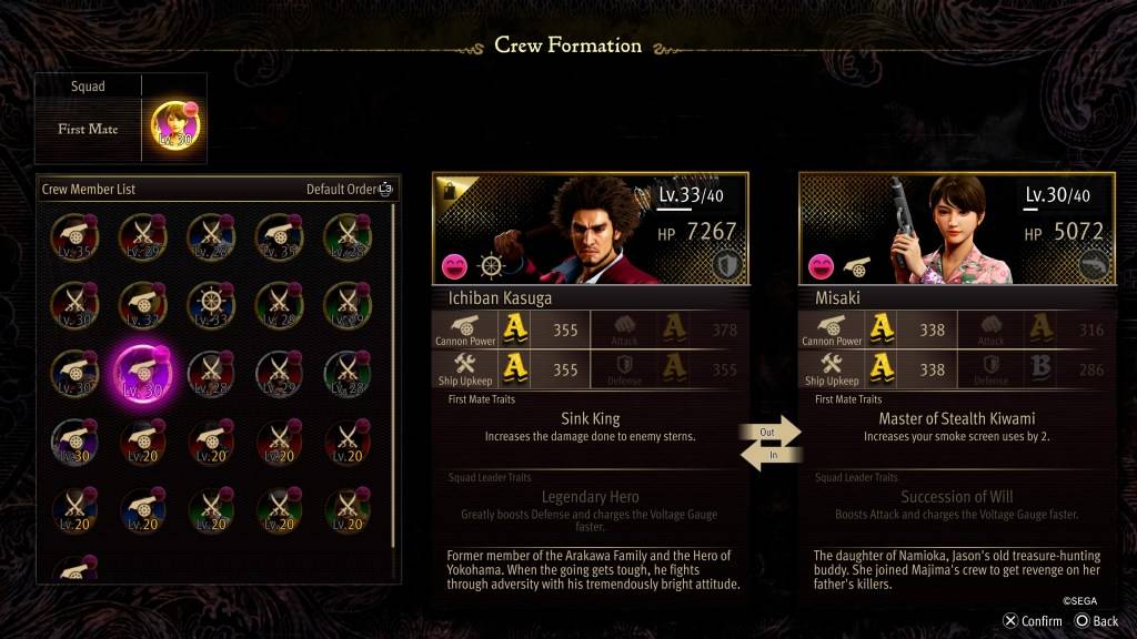 Экран Статистики Формирования экипажа для Мисаки, как дракон: пиратский якудза на Гавайях