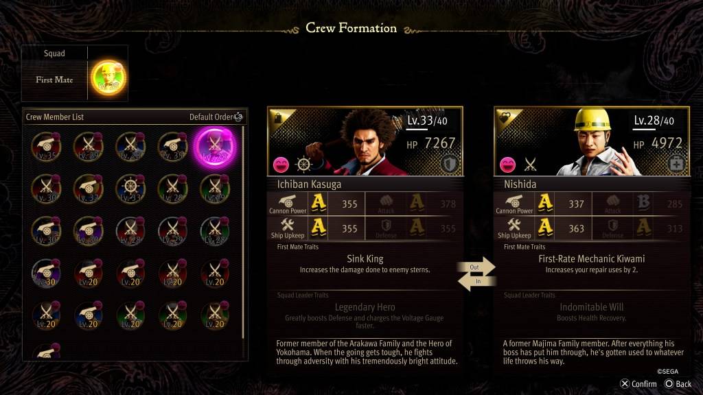 Экран статистики формирования экипажа для Нишиды в «Как дракон: пират Якудза» на Гавайях