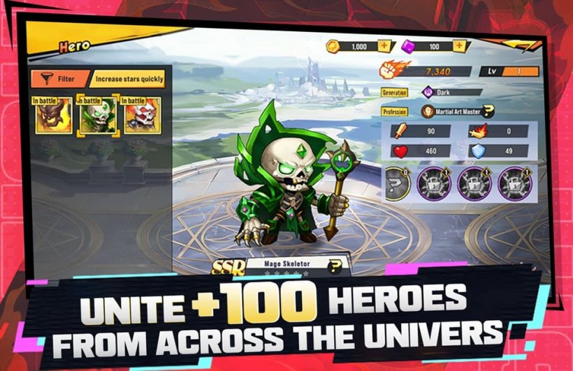 Heroes United游戏截图，显示正在选择骷髅法师进行战斗