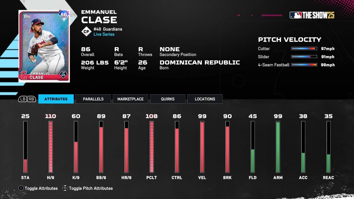 Emmanuel Clase als Teil eines Artikels über die besten Diamond -Dynastie -Karten in MLB The Show 25.