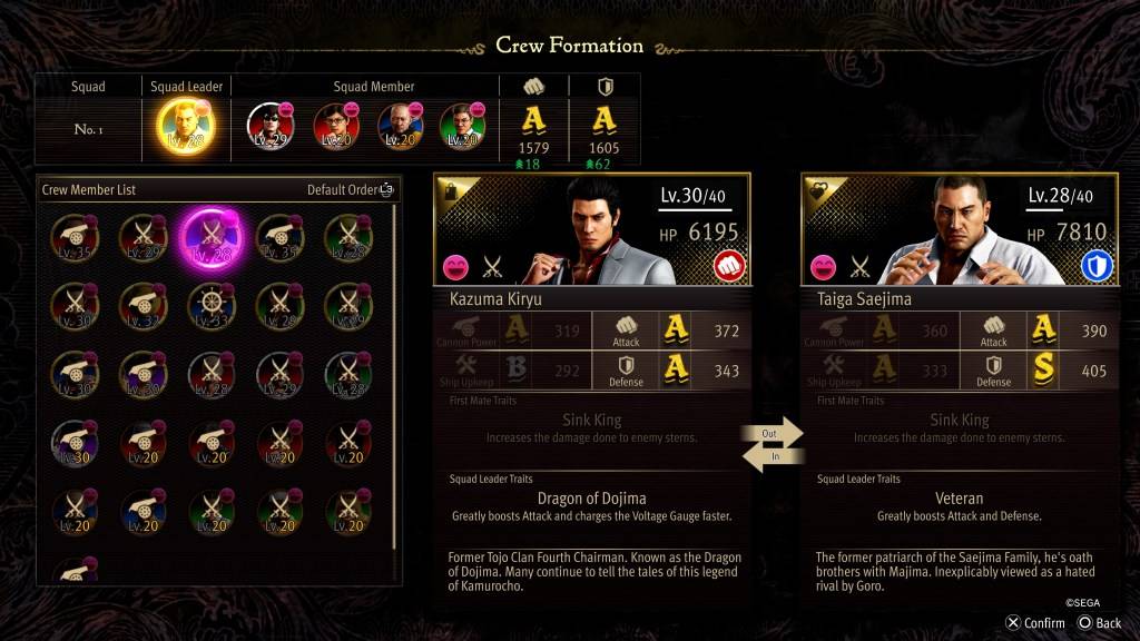 Экран статистики формирования экипажа для Тайги Сайдзима, как дракон: пиратский якудза на Гавайях