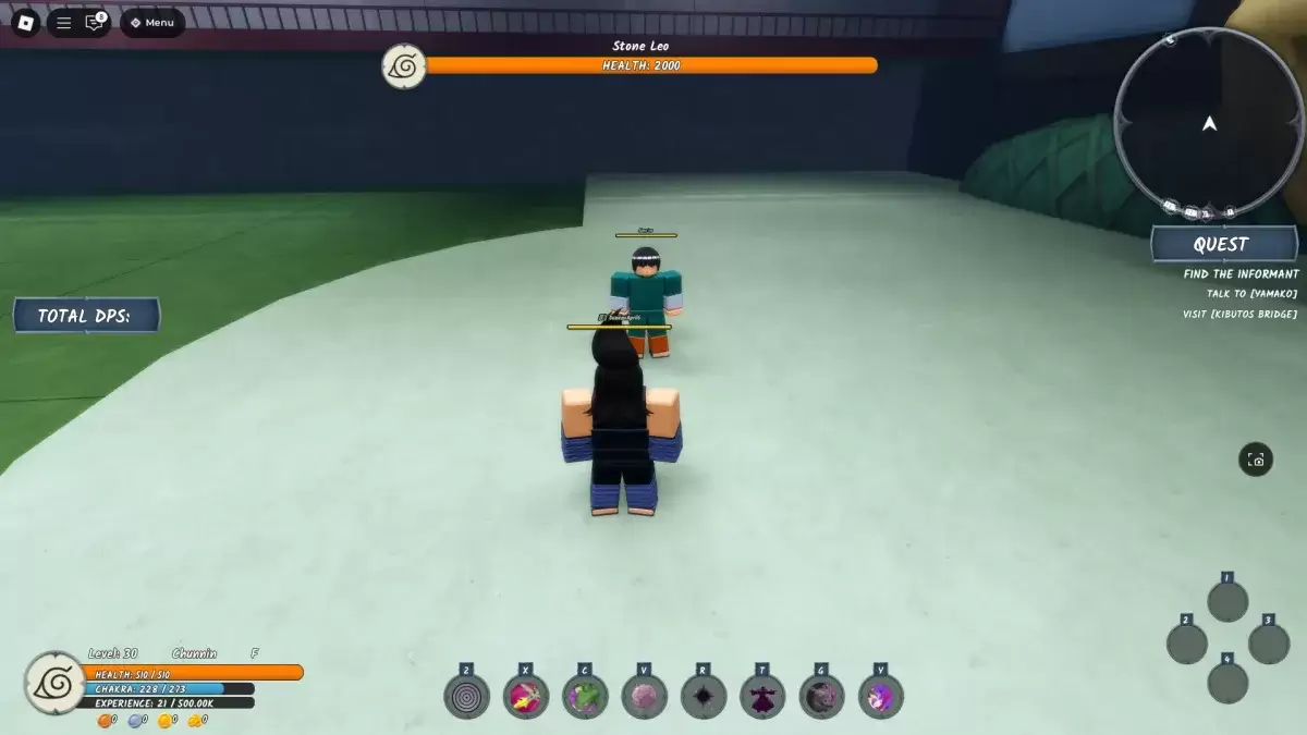 Seorang pemain yang berdiri di sebelah bos peperiksaan batu leo chunin di ninja masa roblox pengalaman