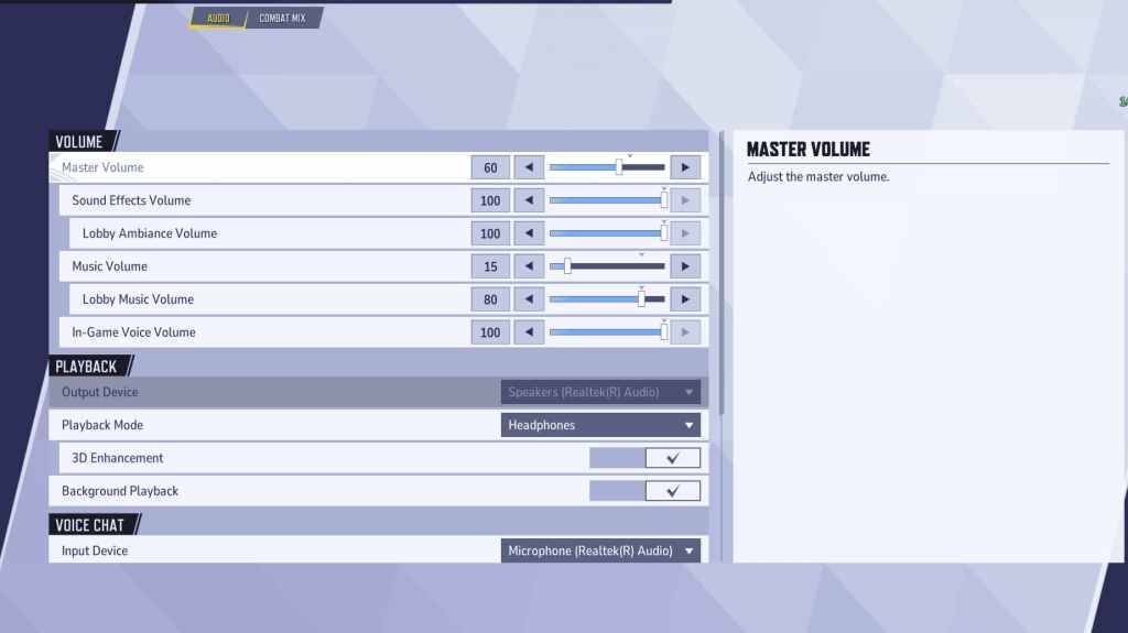 漫威競爭對手音頻設置頁面